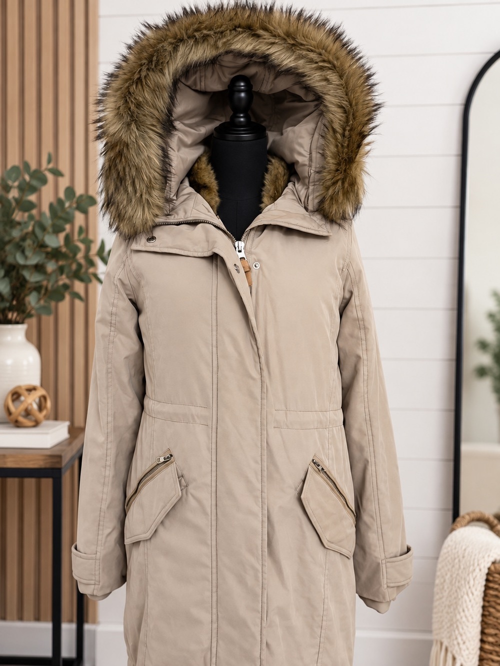Abercrombie & Fitch Beige Faux-Fur Hooded Parka